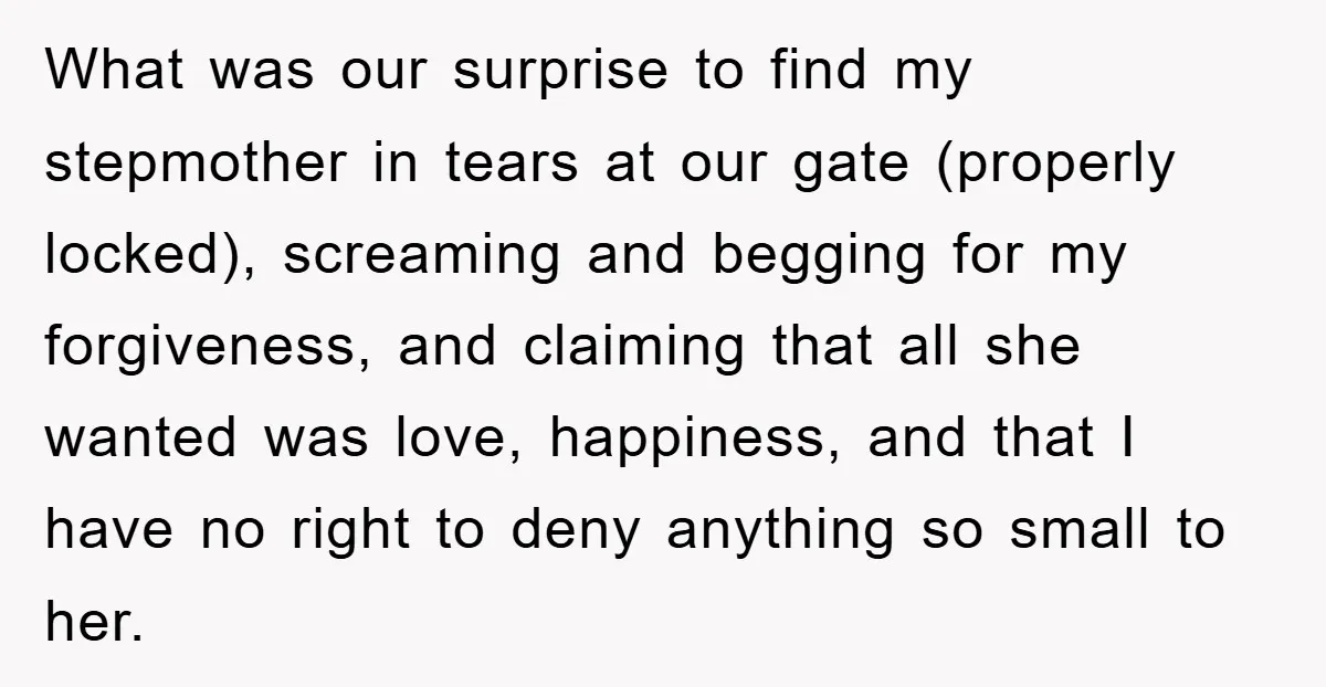 What was our surprise to find my stepmother in tears at our gate (properly locked), screaming and begging for my forgiveness, and claiming that all she wanted was love, happiness,...