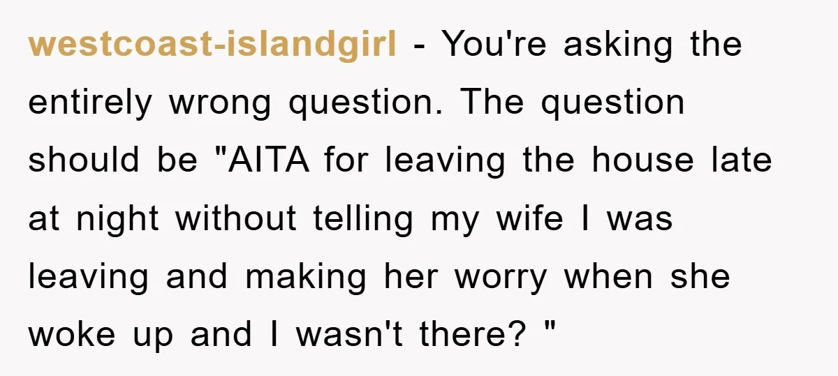 westcoast-islandgirl − You're asking the entirely wrong question. The question should be "AITA for leaving the house late at night without telling my wife I was leaving and making her...