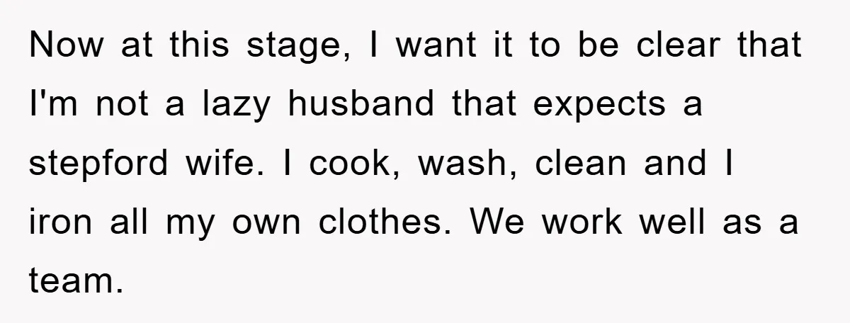Now at this stage, I want it to be clear that I'm not a lazy husband that expects a stepford wife. I cook, wash, clean and I iron all my...