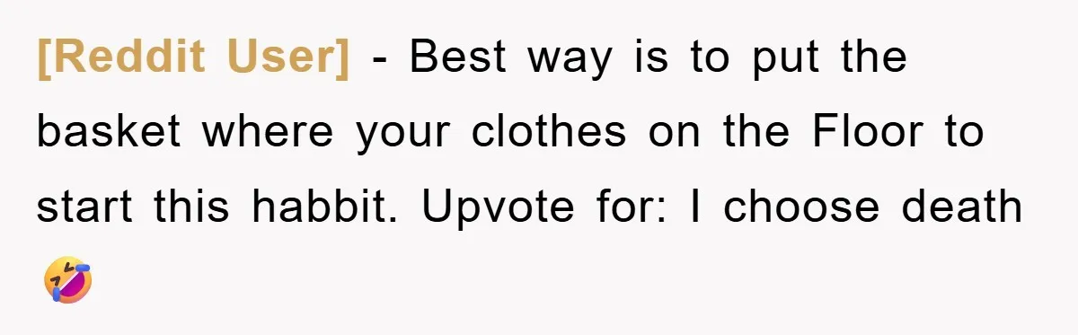 [Reddit User] − Best way is to put the basket where your clothes on the Floor to start this habbit. Upvote for: I choose death 🤣