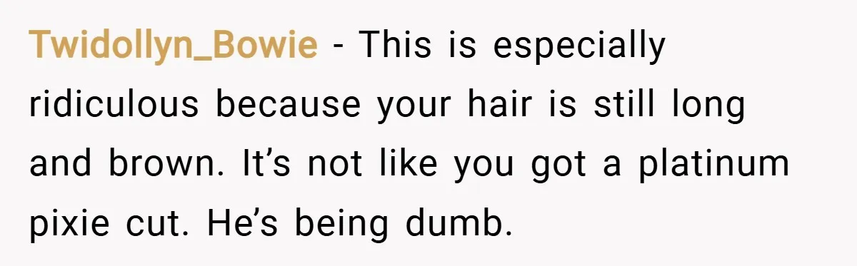Twidollyn_Bowie − This is especially ridiculous because your hair is still long and brown. It’s not like you got a platinum pixie cut. He’s being dumb.