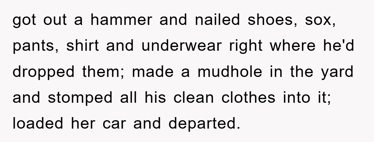 got out a hammer and nailed shoes, sox, pants, shirt and underwear right where he'd dropped them; made a mudhole in the yard and stomped all his clean clothes into...