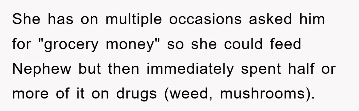 She has on multiple occasions asked him for "grocery money" so she could feed Nephew but then immediately spent half or more of it on drugs (weed, mushrooms).