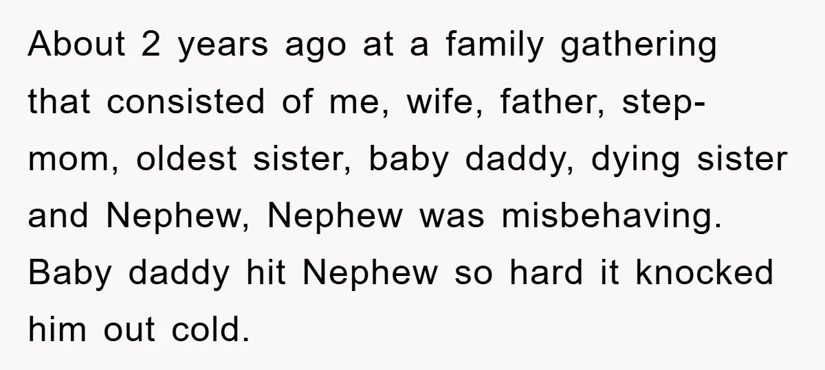 About 2 years ago at a family gathering that consisted of me, wife, father, step-mom, oldest sister, baby daddy, dying sister and Nephew, Nephew was misbehaving. Baby daddy hit Nephew...