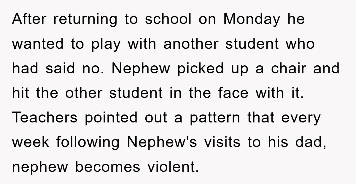 After returning to school on Monday he wanted to play with another student who had said no. Nephew picked up a chair and hit the other student in the face...