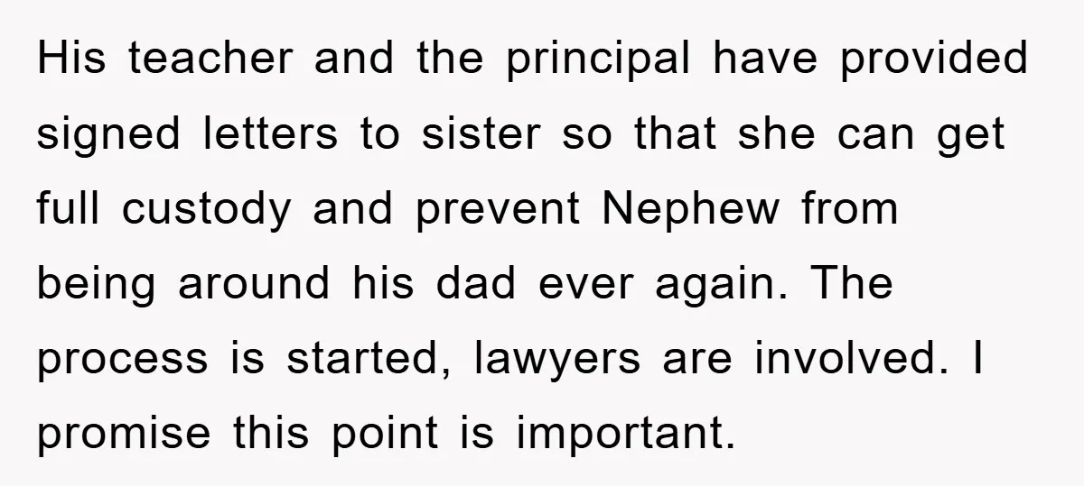 His teacher and the principal have provided signed letters to sister so that she can get full custody and prevent Nephew from being around his dad ever again. The process...