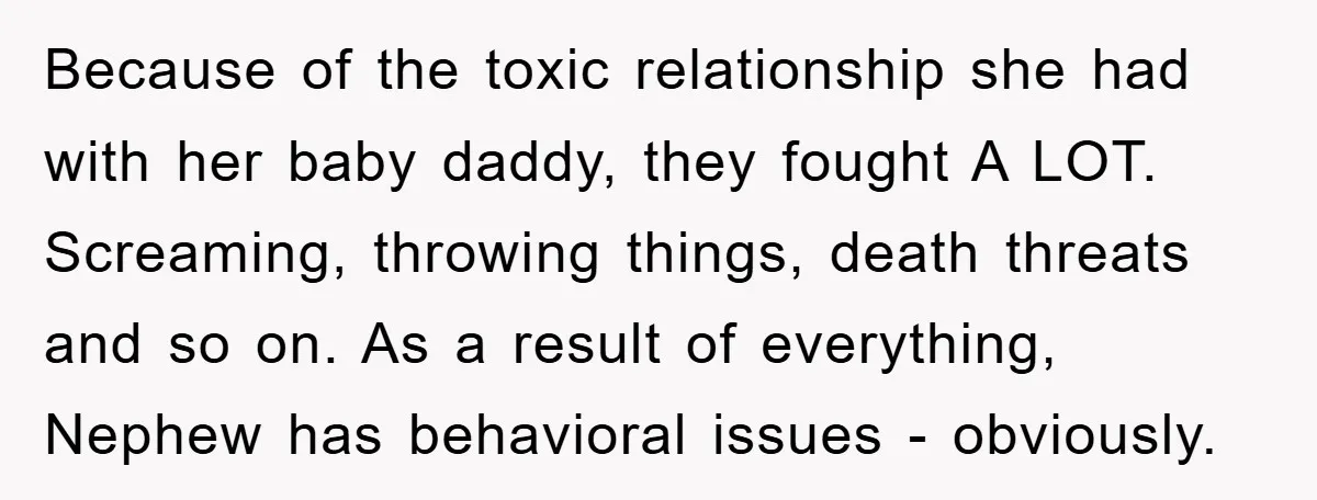 Because of the toxic relationship she had with her baby daddy, they fought A LOT. Screaming, throwing things, death threats and so on. As a result of everything, Nephew has...