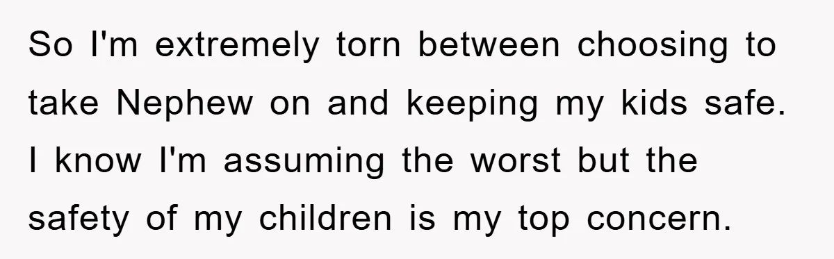 So I'm extremely torn between choosing to take Nephew on and keeping my kids safe. I know I'm assuming the worst but the safety of my children is my top...