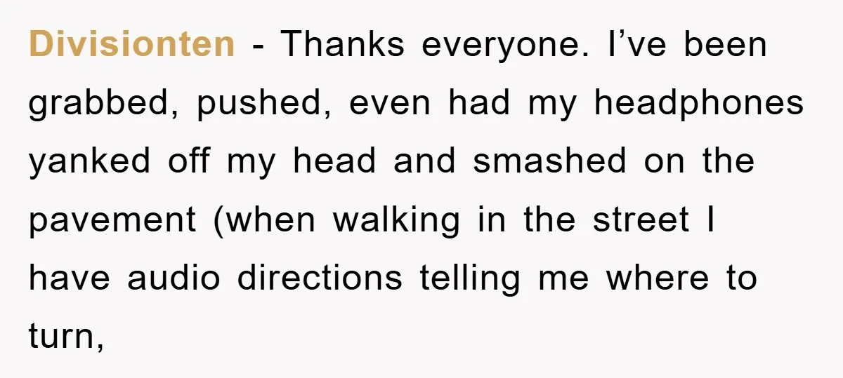 Divisionten - Thanks everyone. I’ve been grabbed, pushed, even had my headphones yanked off my head and smashed on the pavement (when walking in the street I have audio directions...