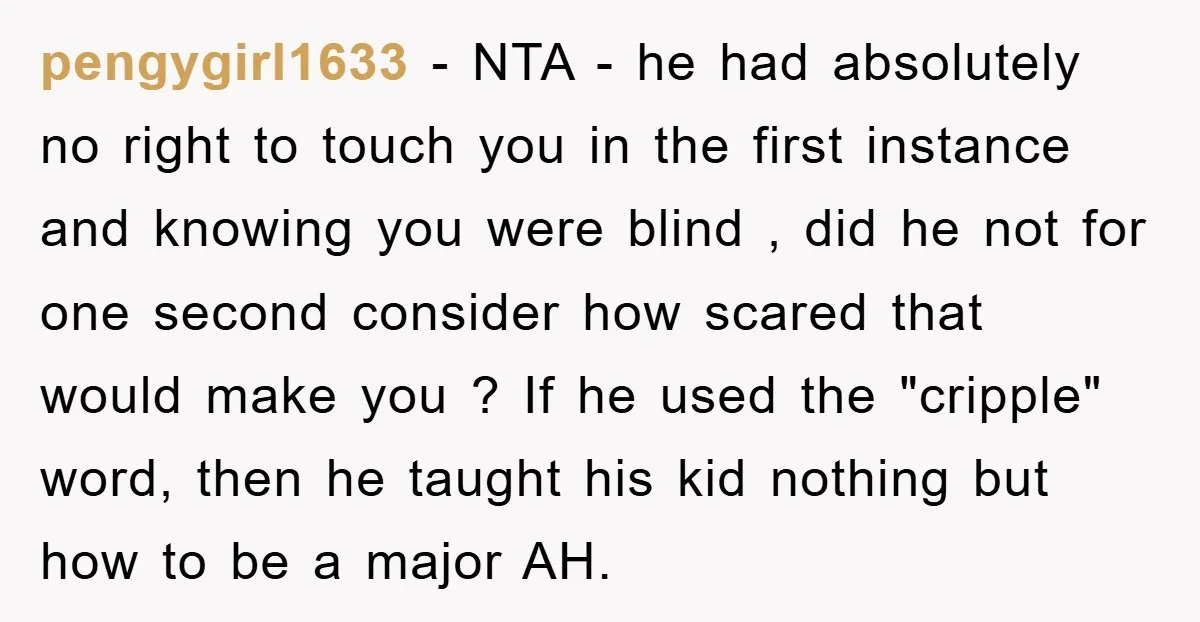 pengygirl1633 - NTA - he had absolutely no right to touch you in the first instance and knowing you were blind , did he not for one second consider how...