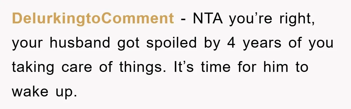 DelurkingtoComment − NTA you’re right, your husband got spoiled by 4 years of you taking care of things. It’s time for him to wake up.