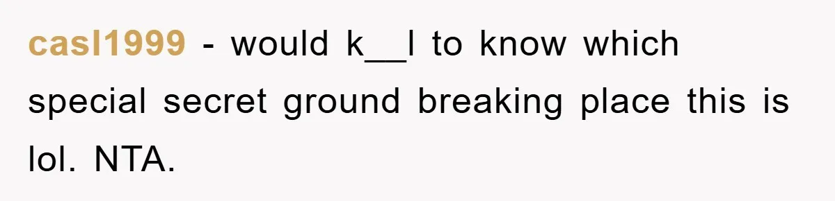 casl1999 − would k__l to know which special secret ground breaking place this is lol. NTA.