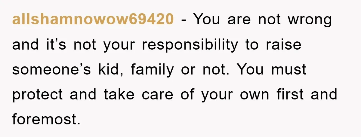 allshamnowow69420 − You are not wrong and it’s not your responsibility to raise someone’s kid, family or not. You must protect and take care of your own first and foremost.