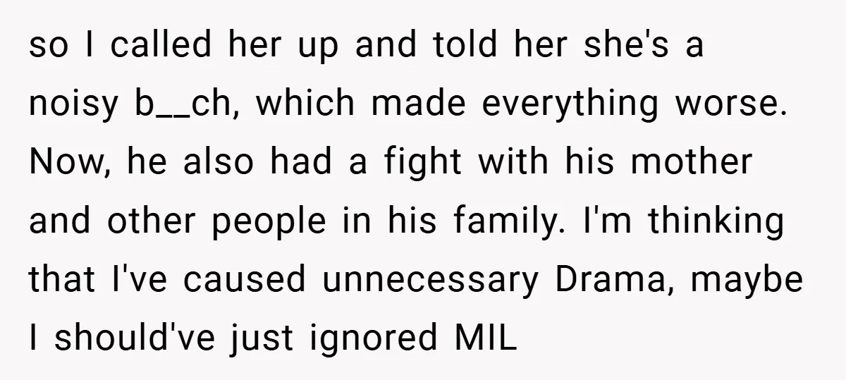so I called her up and told her she's a noisy b__ch, which made everything worse. Now, he also had a fight with his mother and other people in his...