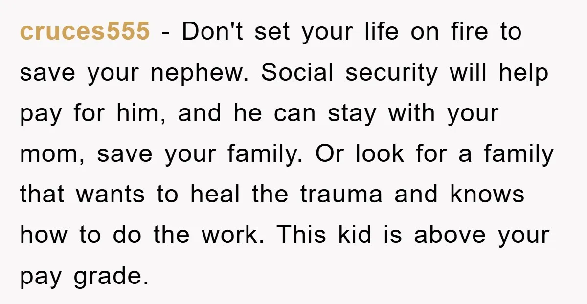 cruces555 − Don't set your life on fire to save your nephew. Social security will help pay for him, and he can stay with your mom, save your family. Or...