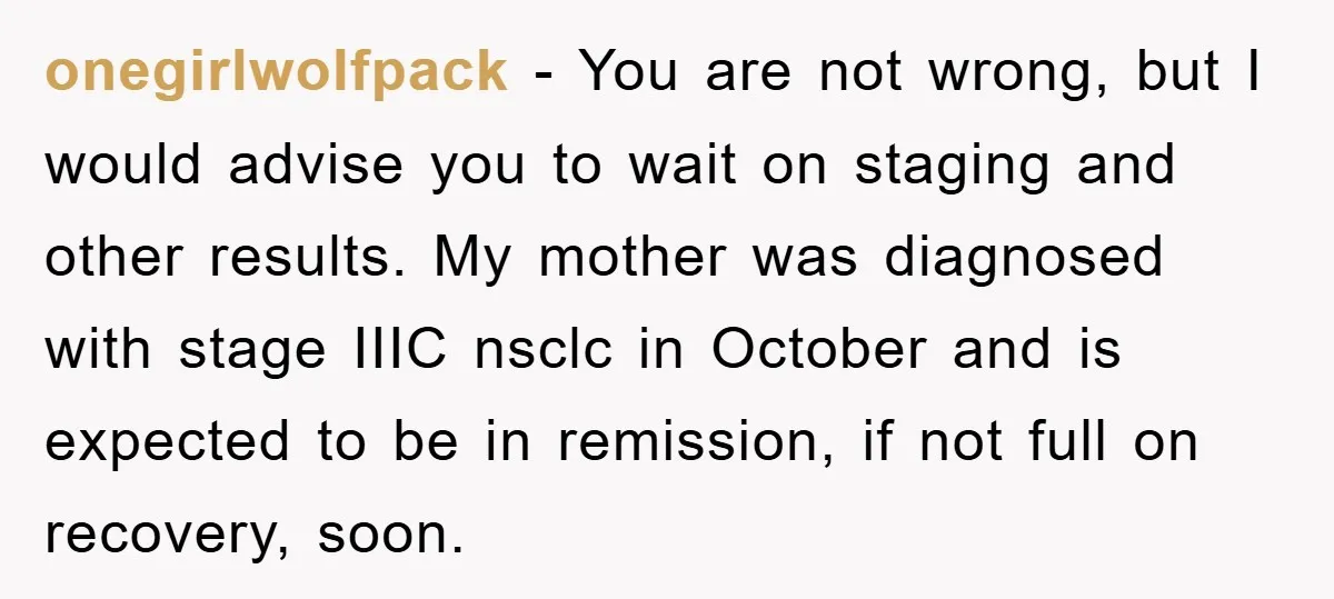 onegirlwolfpack − You are not wrong, but I would advise you to wait on staging and other results. My mother was diagnosed with stage IIIC nsclc in October and is...