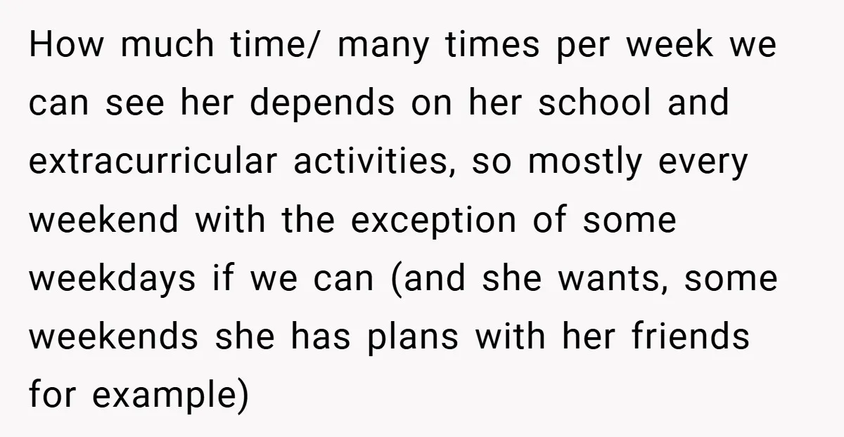 How much time/ many times per week we can see her depends on her school and extracurricular activities, so mostly every weekend with the exception of some weekdays if we...