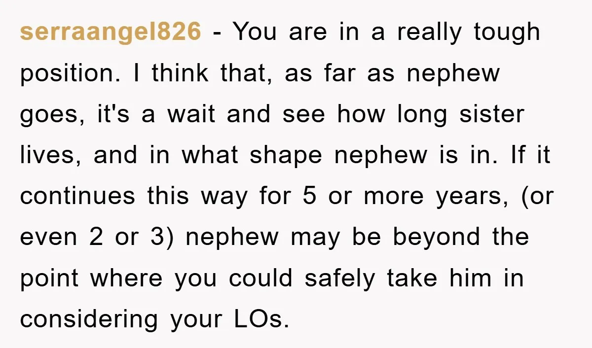 serraangel826 − You are in a really tough position. I think that, as far as nephew goes, it's a wait and see how long sister lives, and in what shape...
