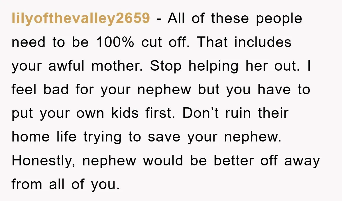lilyofthevalley2659 − All of these people need to be 100% cut off. That includes your awful mother. Stop helping her out. I feel bad for your nephew but you have...