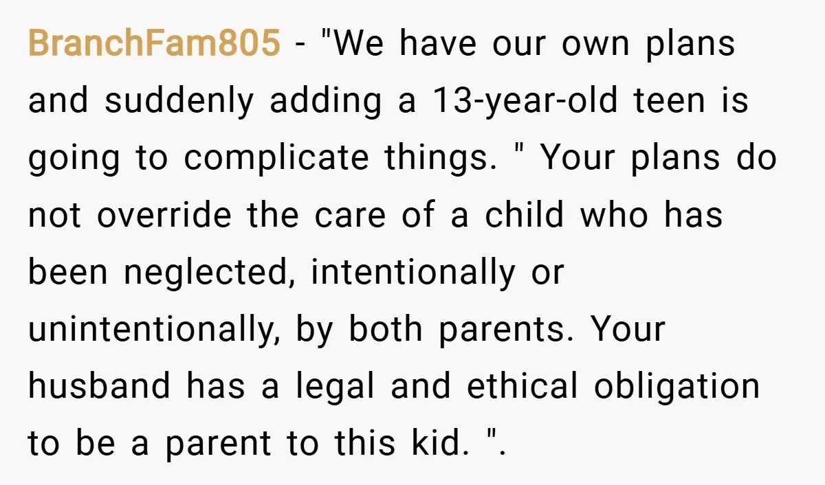 BranchFam805 − "We have our own plans and suddenly adding a 13-year-old teen is going to complicate things. " Your plans do not override the care of a child who...