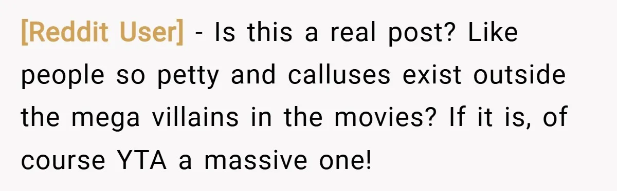 [Reddit User] − Is this a real post? Like people so petty and calluses exist outside the mega villains in the movies? If it is, of course YTA a massive...