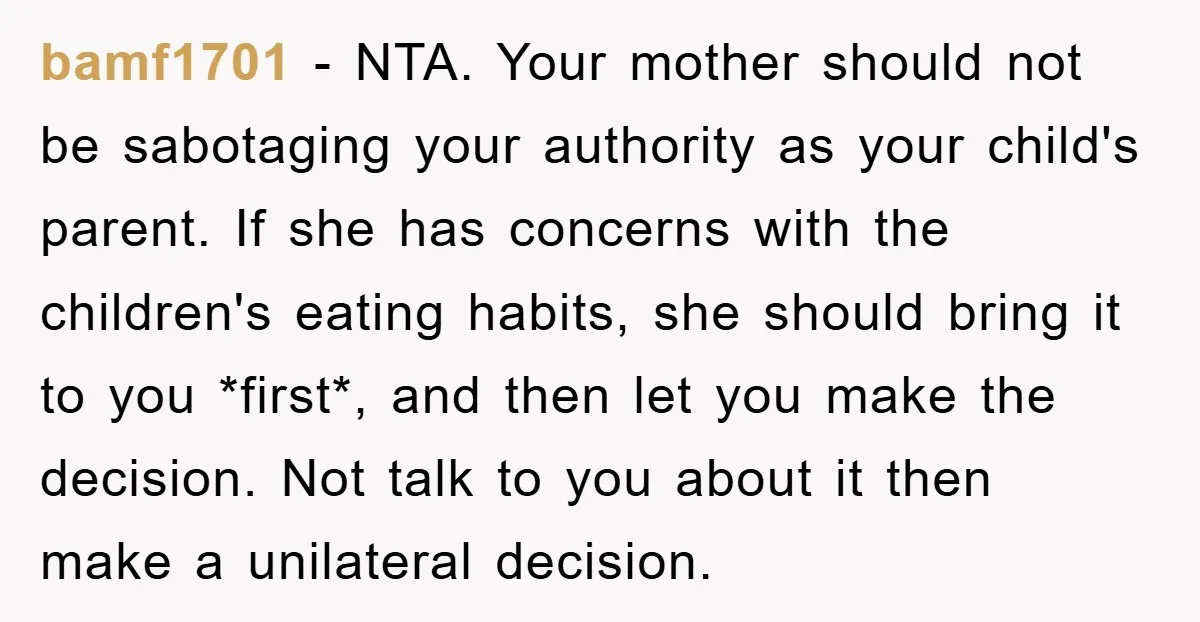 bamf1701 − NTA. Your mother should not be sabotaging your authority as your child's parent. If she has concerns with the children's eating habits, she should bring it to you...