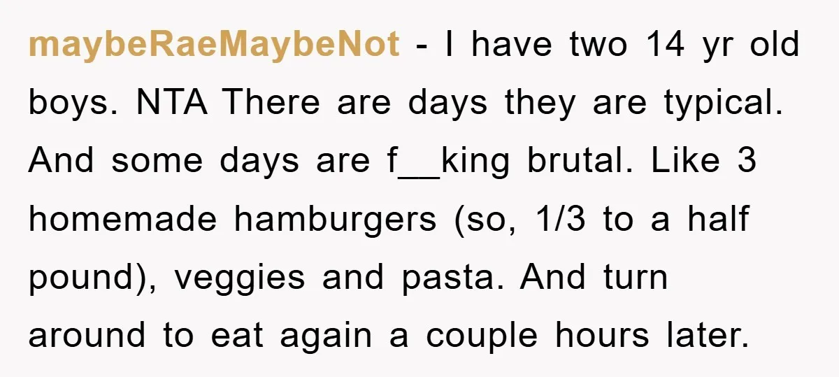 maybeRaeMaybeNot − I have two 14 yr old boys. NTA There are days they are typical. And some days are f__king brutal. Like 3 homemade hamburgers (so, 1/3 to a...