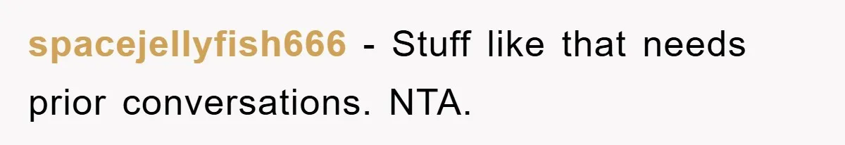spacejellyfish666 − Stuff like that needs prior conversations. NTA.