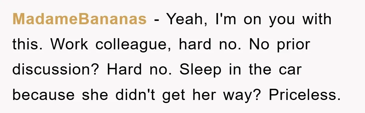 MadameBananas − Yeah, I'm on you with this. Work colleague, hard no. No prior discussion? Hard no. Sleep in the car because she didn't get her way? Priceless.