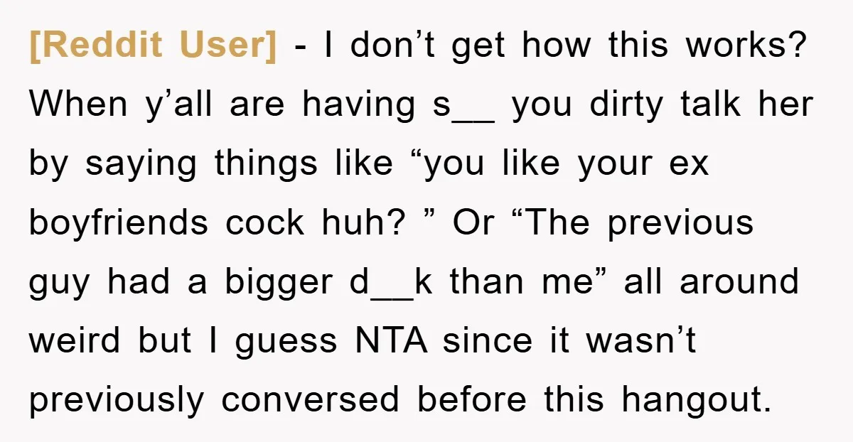 [Reddit User] − I don’t get how this works? When y’all are having s__ you dirty talk her by saying things like “you like your ex boyfriends cock huh? ”...