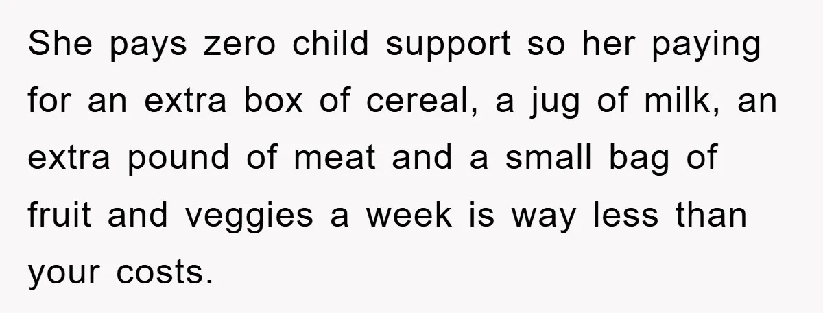 She pays zero child support so her paying for an extra box of cereal, a jug of milk, an extra pound of meat and a small bag of fruit and...