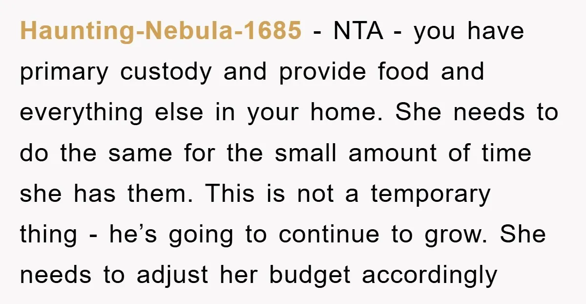 Haunting-Nebula-1685 − NTA - you have primary custody and provide food and everything else in your home. She needs to do the same for the small amount of time she...