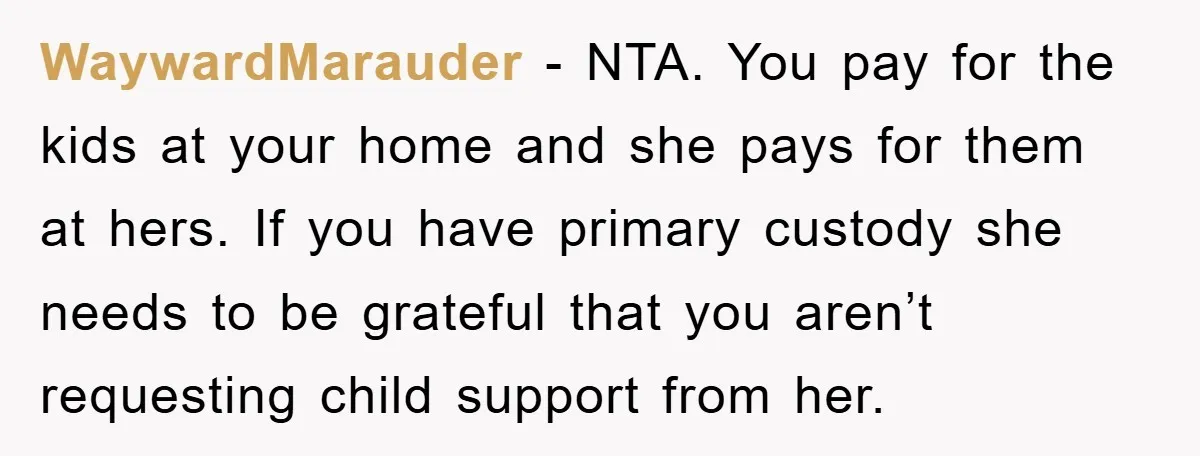 WaywardMarauder − NTA. You pay for the kids at your home and she pays for them at hers. If you have primary custody she needs to be grateful that you...
