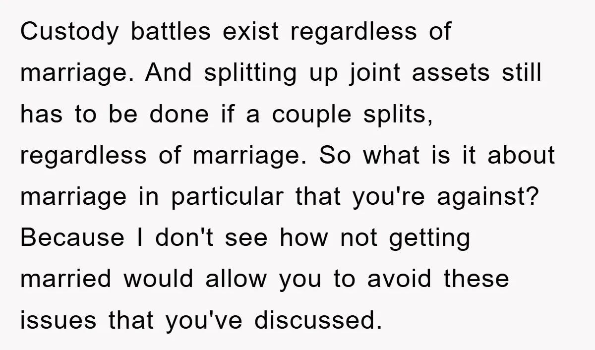 Custody battles exist regardless of marriage. And splitting up joint assets still has to be done if a couple splits, regardless of marriage. So what is it about marriage in...