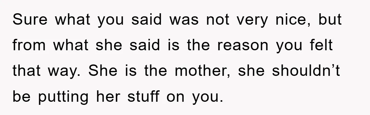 Sure what you said was not very nice, but from what she said is the reason you felt that way. She is the mother, she shouldn’t be putting her stuff...