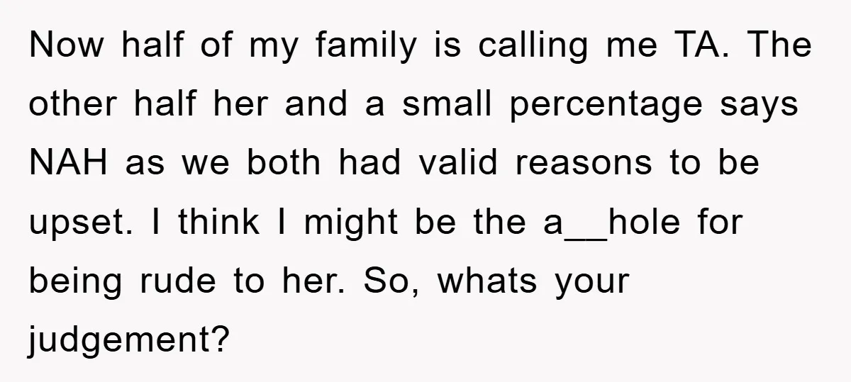 Now half of my family is calling me TA. The other half her and a small percentage says NAH as we both had valid reasons to be upset. I think...