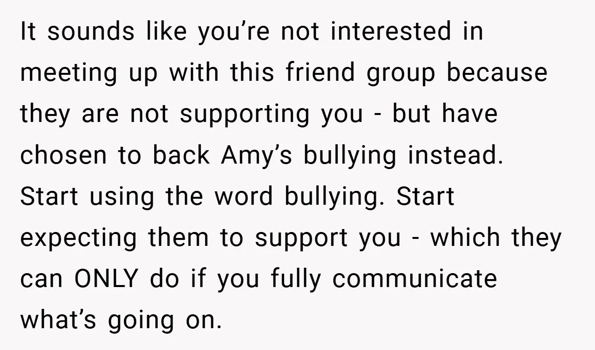 It sounds like you’re not interested in meeting up with this friend group because they are not supporting you - but have chosen to back Amy’s bullying instead. Start using...