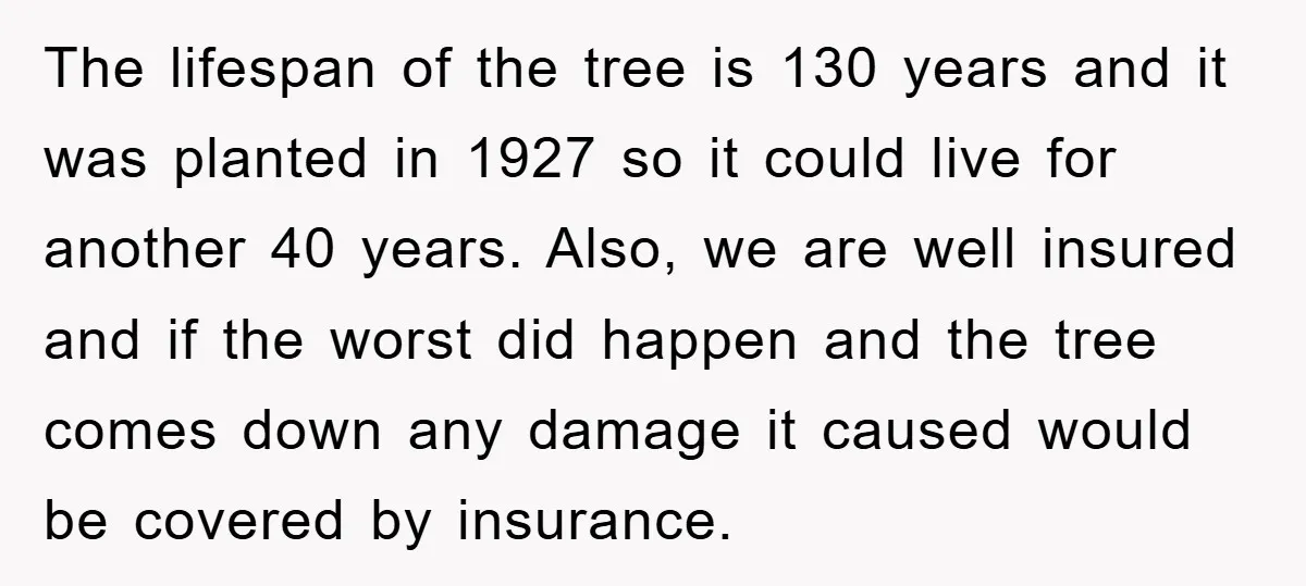 The lifespan of the tree is 130 years and it was planted in 1927 so it could live for another 40 years. Also, we are well insured and if the...