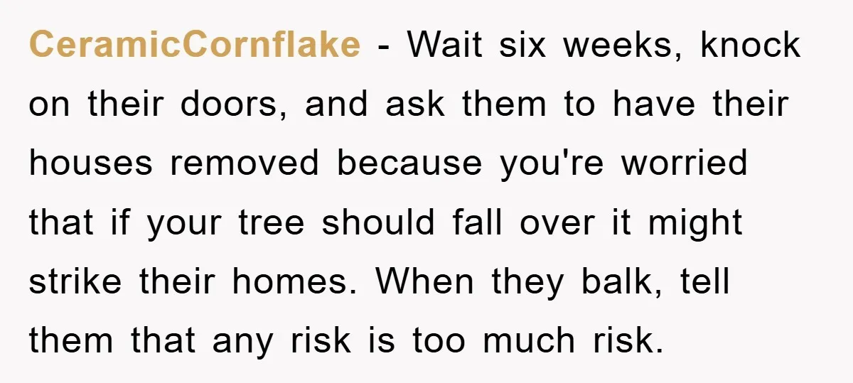 CeramicCornflake − Wait six weeks, knock on their doors, and ask them to have their houses removed because you're worried that if your tree should fall over it might strike...