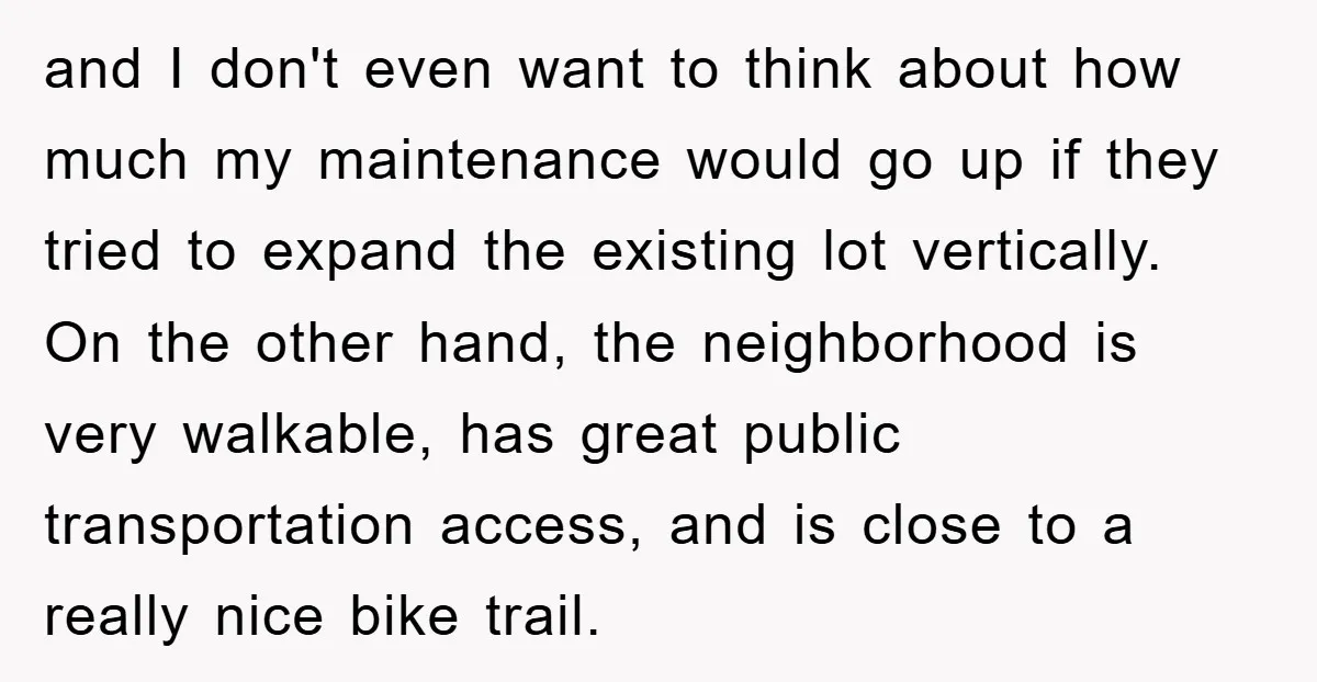 and I don't even want to think about how much my maintenance would go up if they tried to expand the existing lot vertically. On the other hand, the neighborhood...