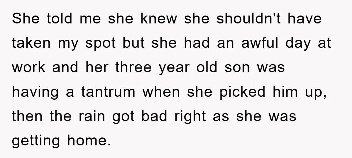 She told me she knew she shouldn't have taken my spot but she had an awful day at work and her three year old son was having a tantrum when...