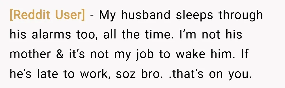 [Reddit User] − My husband sleeps through his alarms too, all the time. I’m not his mother & it’s not my job to wake him. If he’s late to work,...