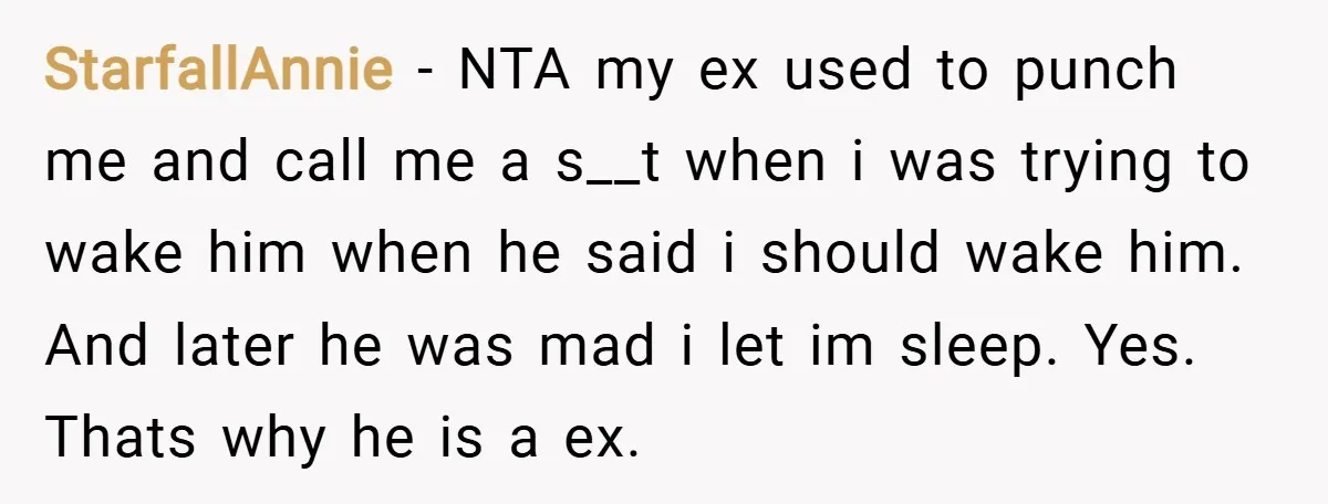 StarfallAnnie − NTA my ex used to punch me and call me a s__t when i was trying to wake him when he said i should wake him. And later...