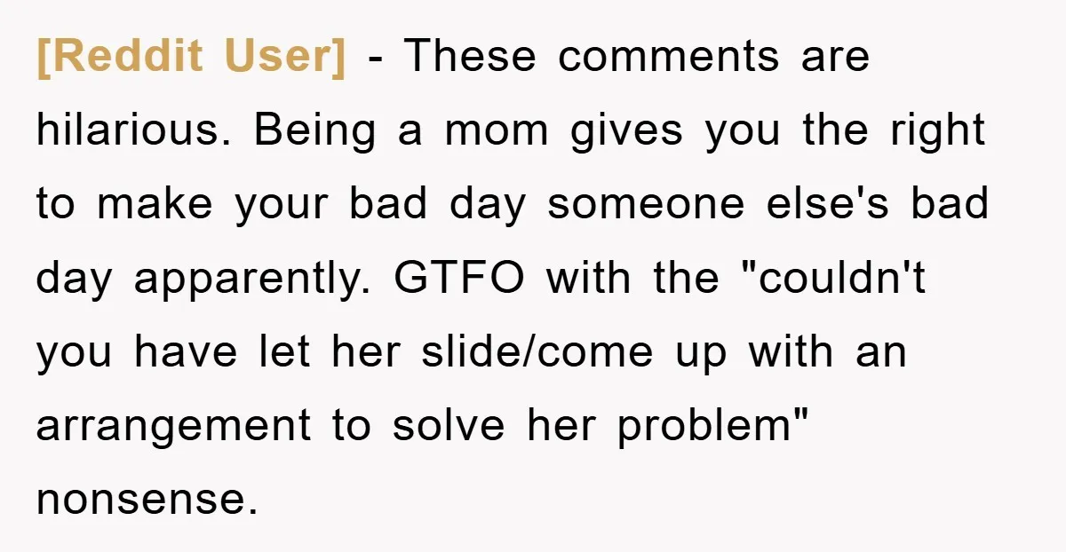 [Reddit User] − These comments are hilarious. Being a mom gives you the right to make your bad day someone else's bad day apparently. GTFO with the "couldn't you have...