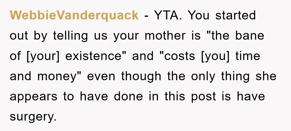 WebbieVanderquack − YTA. You started out by telling us your mother is "the bane of [your] existence" and "costs [you] time and money" even though the only thing she appears...
