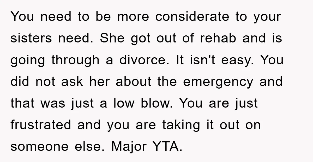 You need to be more considerate to your sisters need. She got out of rehab and is going through a divorce. It isn't easy. You did not ask her about...