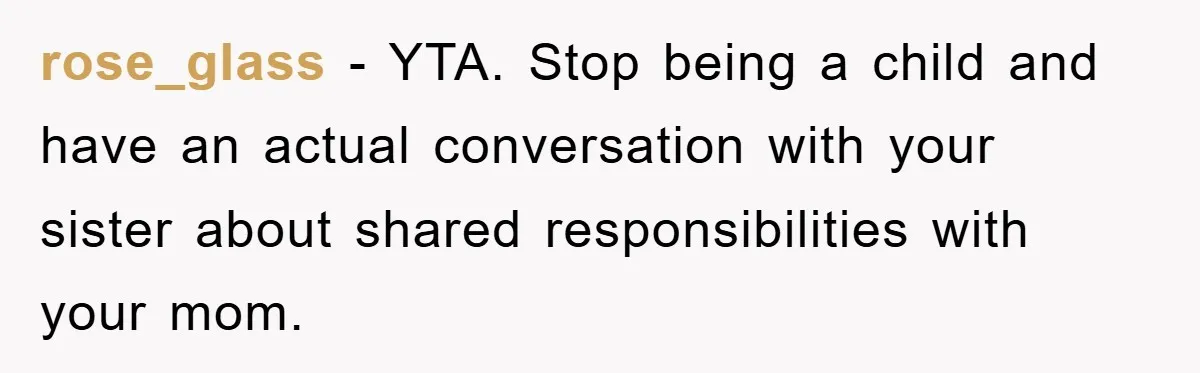 rose_glass − YTA. Stop being a child and have an actual conversation with your sister about shared responsibilities with your mom.