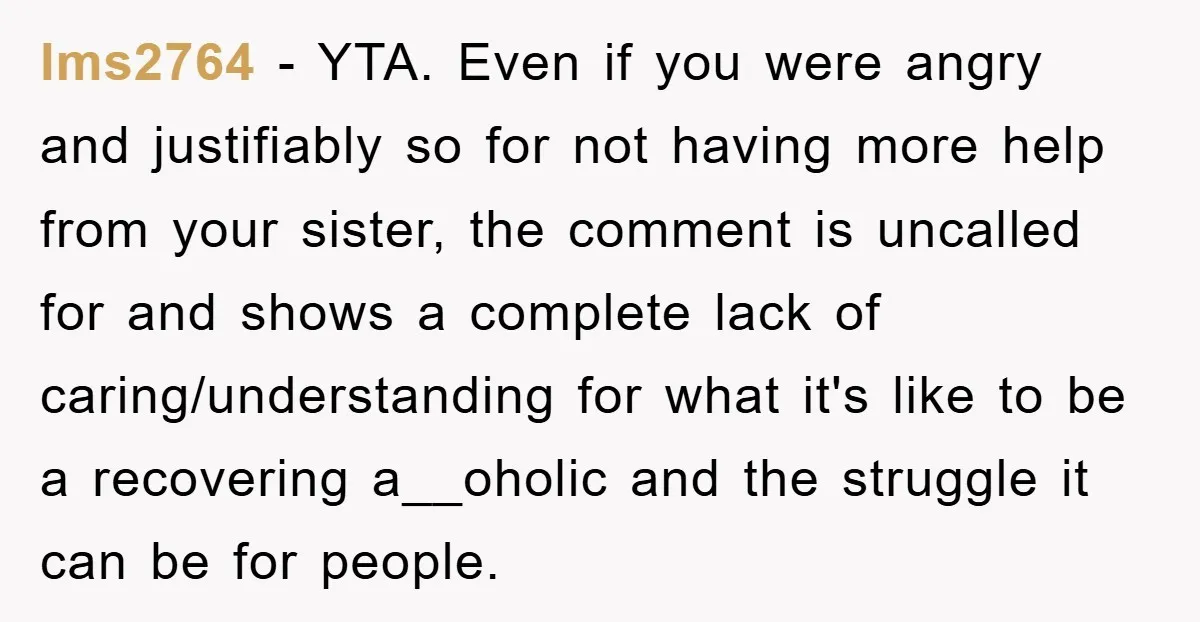 lms2764 − YTA. Even if you were angry and justifiably so for not having more help from your sister, the comment is uncalled for and shows a complete lack of...