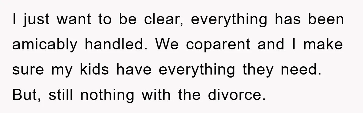 I just want to be clear, everything has been amicably handled. We coparent and I make sure my kids have everything they need. But, still nothing with the divorce.