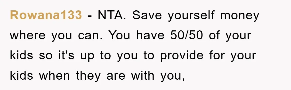 Rowana133 − NTA. Save yourself money where you can. You have 50/50 of your kids so it's up to you to provide for your kids when they are with you,